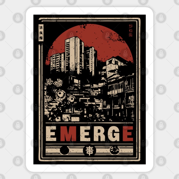 EMERGE – Red Sun Urban Skyline Philosophy Poster Sticker by TuncGK